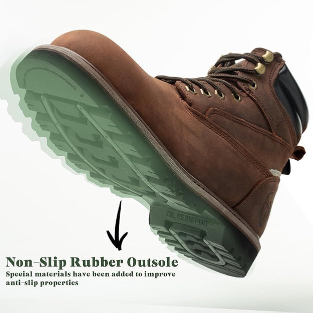 Image of Steel Toe Work Boots for Men 6 Inch Waterproof Non Slip Rubber Comfort Leather Safety Durable Industrial Construction Boots