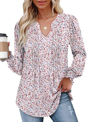 BETTE BOUTIK Long Sleeve Shirts for Women Fall Tops Dressy Blouses Pleated V Neck Tunic Tops for Leggings S-3XL