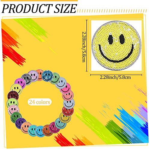 Juinte TX-JUINTE-1421 24 Pcs Smile Face Patch Iron On Patches 2 Inch Chenille Cute Preppy Happy Face Patches Glitter Heat Sequins Applique thumb #1