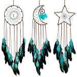 3 Pcs Sun Moon Star Design Dream Catcher,Handmade Art Feather Dream Catchers Wall Hanging Ornament for Bedroom Decor Wedding Party Decor, Festival Blessing Gift (Dark Blue Sun Moon Star Art)