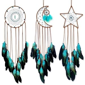 3 Pcs Sun Moon Star Design Dream Catcher,Handmade Art Feather Dream Catchers Wall Hanging Ornament for Bedroom Decor Wedding Party Decor, Festival Blessing Gift (Dark Blue Sun Moon Star Art)