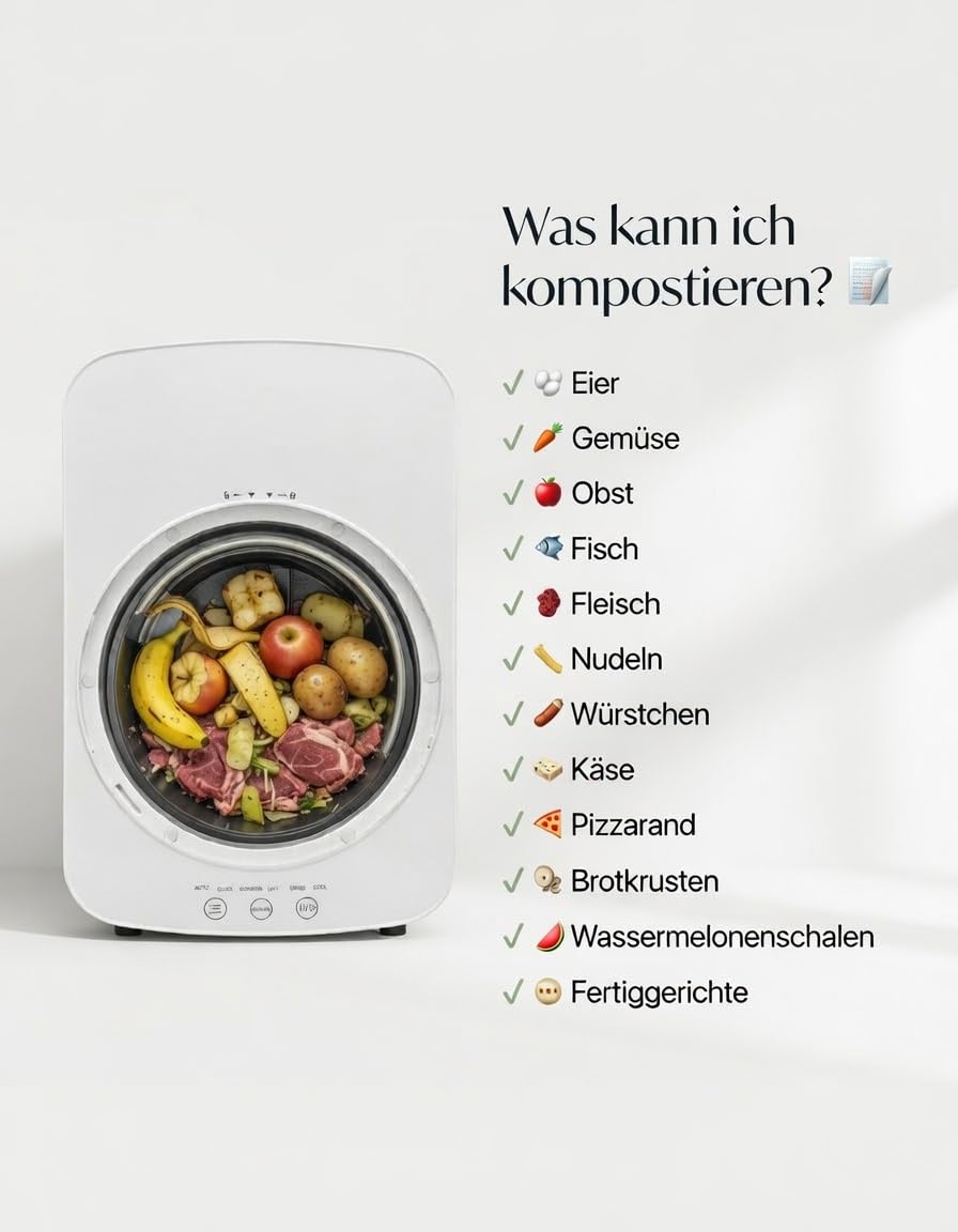 Elektrischer Komposter Küche 4L Weiß – Küchenkomposter Elektrisch mit modernem Design & kompakten Maßen, 4 Modi, Aktivkohlefilter