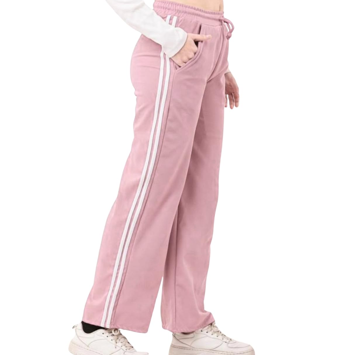 Women's Pink Track Pants with White Side Stripes, Wide Leg, Drawstring Waist, Casual Sportswear-picture-45
