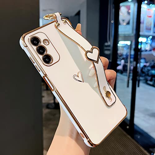 ZTOFERA Compatible with Samsung Galaxy A14 5G Case with Wrist Strap, Flexible Silicone Protective Phone Case with Cute Heart Pattern Stand Handle Finger Holder Gold Rim Shockproof Cover, White