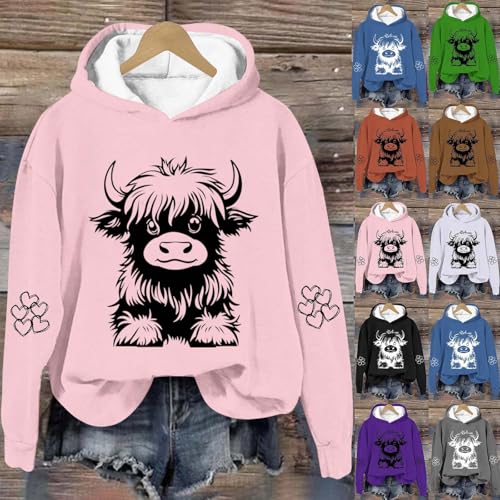 Girl's Cute Little Cow Heart Printed Hoodies Loose Long Sleeve Teens Trendy Hooded Pullovers Sweatshirts2