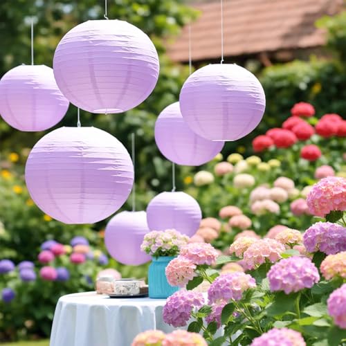 Image of Light Purple Chinese Paper Lanterns with LED Lights, 10-Pack 10in | Hanging Lights for Easter, Graduation, Birthday Decorations, Ceiling Decor, Home Party & Tea Party