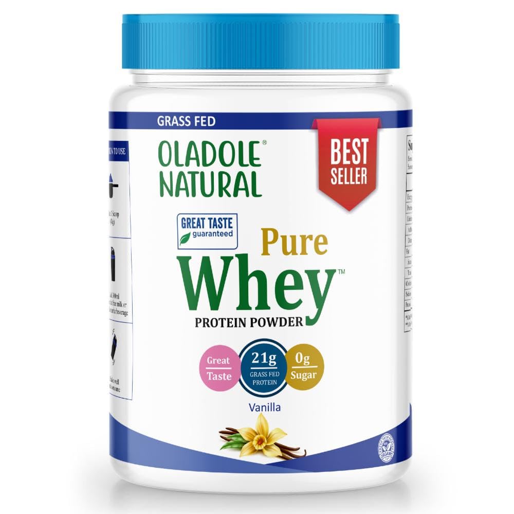 Oladole Natural Organic Grass Fed 100% Whey Protein - 21G Protein Per Serving, 20 ServingsVanilla Bean | Blend of Whey Protein Concentrated & Whey Protein Isolate