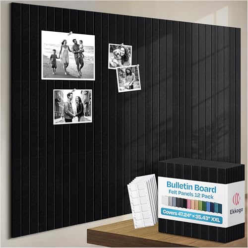Image of X-Large Cork Board Alternative 12-Pack Felt Bulletin Board Thick and Decorative Pin Board for Home Office Walls 47.24 x 35.43 Inches with 72 Adhesive Tabs - [Deep Black]