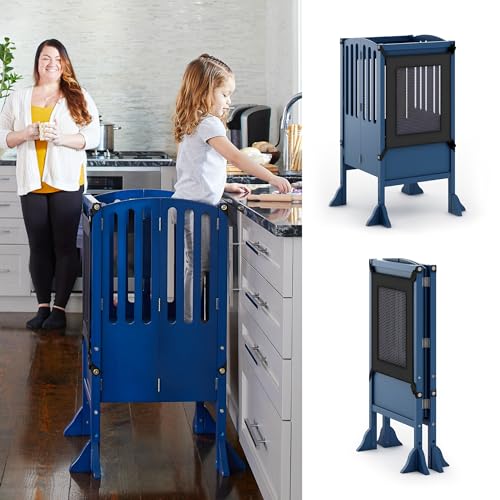 Image of Guidecraft Contemporary Kitchen Helper® Stool - Royal Navy: Folding Toddler Safety Tower with 2 Keepers and Non-Slip Mat, Adjustable Height Step Stool for Little Helpers, Kids Learning Furniture