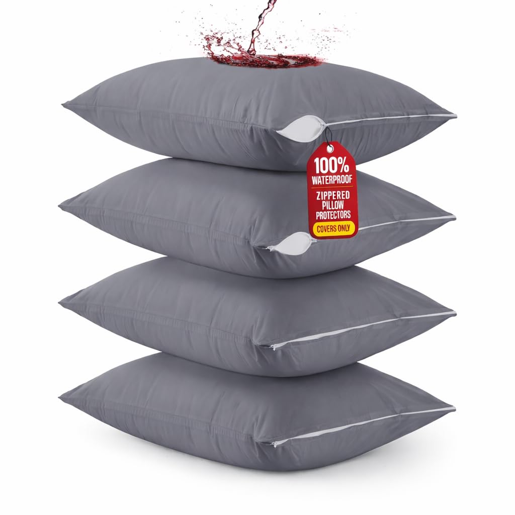 Utopia Bedding 4 Pack Waterproof Pillow Protectors with Zipper Standard Size (Gray), Bed Bug and Dust Mite Proof Pillow case Covers, Moisture Wicking Pillow Encasements 20 x 26 Inches
