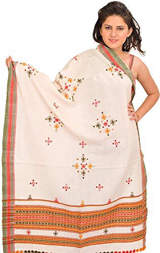 Image of Exotic India Women's Kutch Wool Shawl (SHV95--beige)