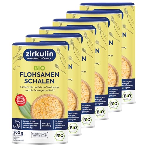 Zirkulin Ciotola di semi di psillio biologico, 6 x 200 g, promuove la digestione e la salute dell'intestino, insapore, supporta una dieta ricca di fibre e sana, molto buona fonte
