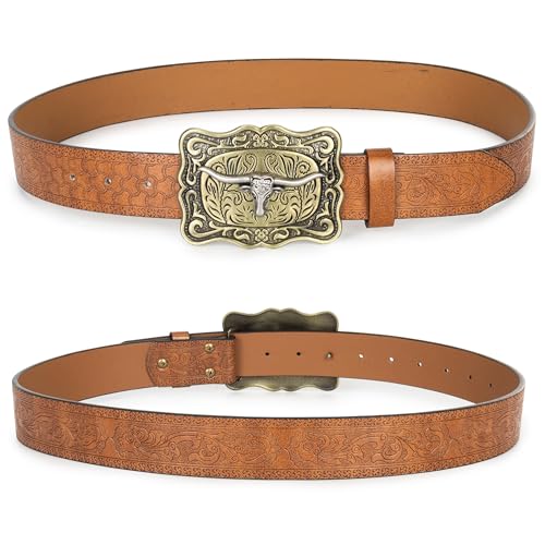 Image of Western-Cowboy-Leather-Belts for Women Turquoise-Oval-Buckle Embossed Belt