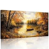 SERIMINO Fall Landscape Large Canvas Wall Art Living Room, Lake Boat Forest Art Prints, Autumn Scenery Nature Decor Pictures, Rustic Gold Paintings Wall Decor Bedroom, Office Decoration 20'X40'