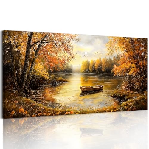 SERIMINO Fall Landscape Large Canvas Wall Art Living Room, Lake Boat Forest Art Prints, Autumn Scenery Nature Decor Pictures, Rustic Gold Paintings Wall Decor Bedroom, Office Decoration 24"X48"