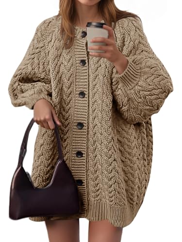 Saodimallsu Womens Cable Knit Cardigans Oversized Chunky Button Down Long Lantern Sleeve Crew Neck...
