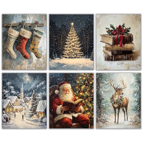 Vintage Christmas Wall Art Set of 6 Winter Rustic Wall