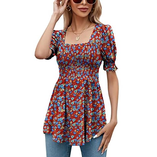LOMON Women's Tunics Square Neck Puff Short Sleeve Smocked Top Ladies Peplum Blouse Tee Shirts 2025 Spring Summer S-XL Black & Pink Floral Short Sleeve Shirts Small