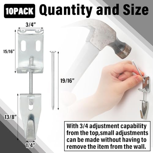 Image of Blulu 10 Pcs Adjustable Picture Hangers J Hooks Mirror Hanging Kit with Hangers Hooks for Mirrors Pictures Frame Supports up to 100 Lbs