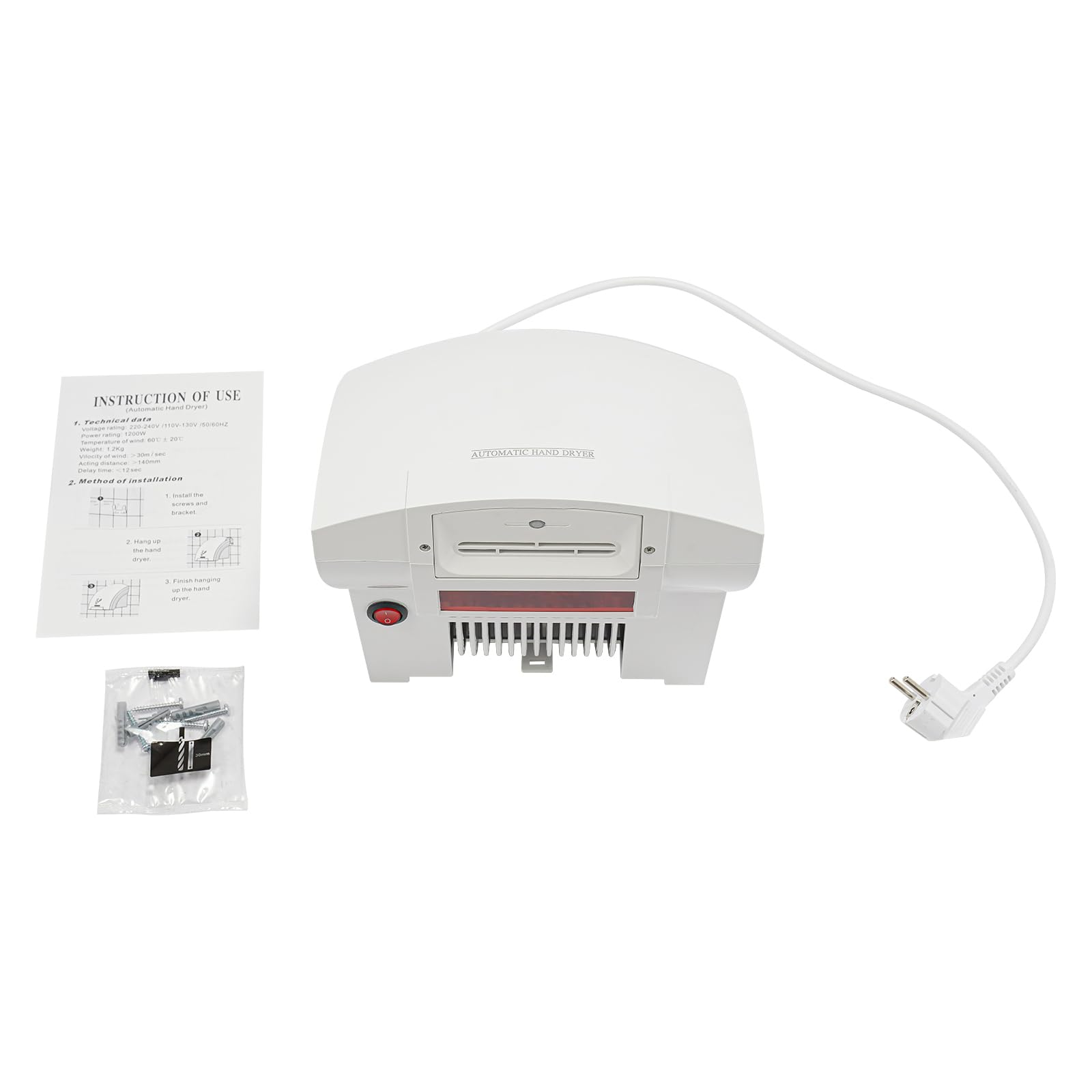 Secador de manos eléctrico con sensor infrarrojo automático, montaje en pared, sin contacto, para baño, aseos comerciales y domésticos, bajo ruido (70 db)