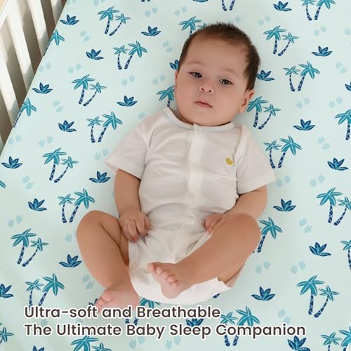 Image of david's kids 3 Pack Mini Crib Sheets, Soft Breathable Premium Pack N Play Sheets for Baby Boys Girls Neutral, Playard and Mini Crib Mattresses, Dinosaur Blue