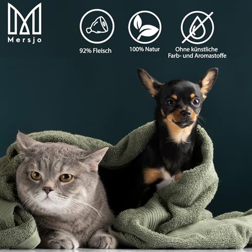 MERSJO Katzenleckerli - 92% Hoher Fleischanteil, Keine Zusatzstoffe, Getreide- und Zuckerfrei, Leckereien für Katzen und Hunde zur täglichen Ergänzung, Sushi mit Ente und Kabeljau, 10x50g