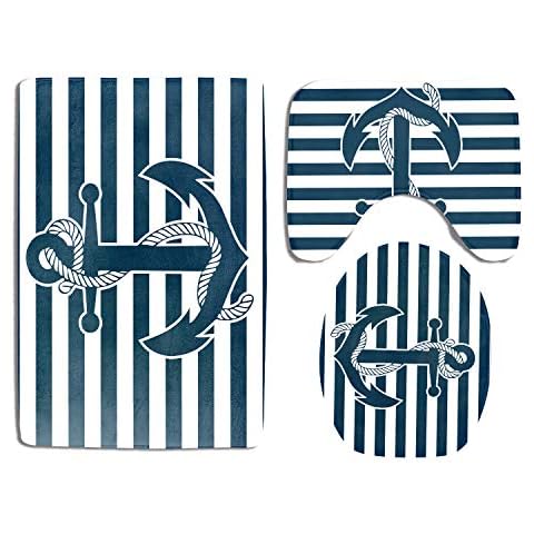 Nautical Bathroom Rug Set 3 Piece Navy Anchor Blue Stripe Background Non Slip Bath Carpet Mat U-Shaped Contour Mat Toilet Lid Cover Sets Durable Flannel Home Washroom Decor Shower Accessories Cover