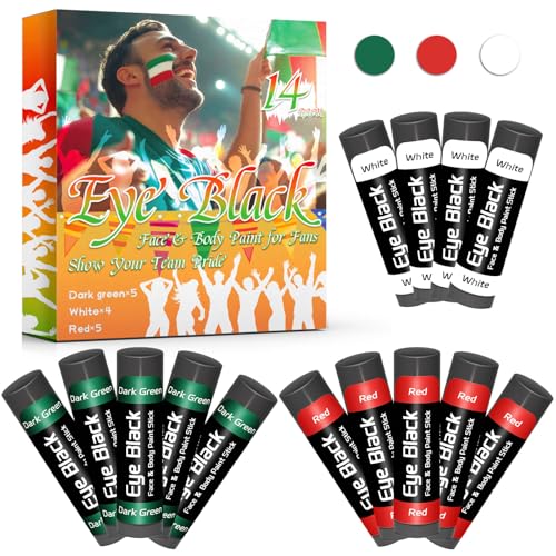 14 Pack Mexico Flag Eye Black Stick Green White Red Face Paint for Football Baseball Softball Glare Reducing Sports Eye Black for Athletes Soccer Fan Game Day World Cup Accessories