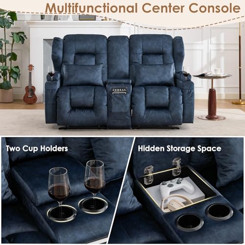 Image of SAMERY 67' RV Loveseat Recliner Sofa, Linen, Wall Hugger, 2 Seats, 350 lbs, Blue, Manual Reclining Home Theater Seating