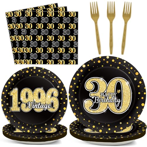 Image of 200PCS 30th Theme Birthday Party Tableware Vintage 1996 Party Supplies 30 Year Old Birthday Decorations Plates Napkins Forks Black and Gold Dinnerware Favors for Men or Women