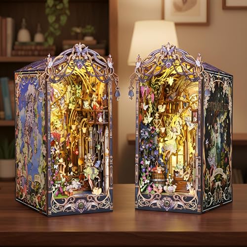 DIY Book Nook Kit Fairy Tale Elves Bookshelf Insert Wooden Miniature Model with Sensor LED Light 3D...