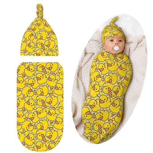 Image of Cute Rubber Duck Baby Stuff Newborn Swaddle Blankets Soft Swaddle Sack Swaddling Blanket With Hat Sets Gifts For Infant Boys Girls