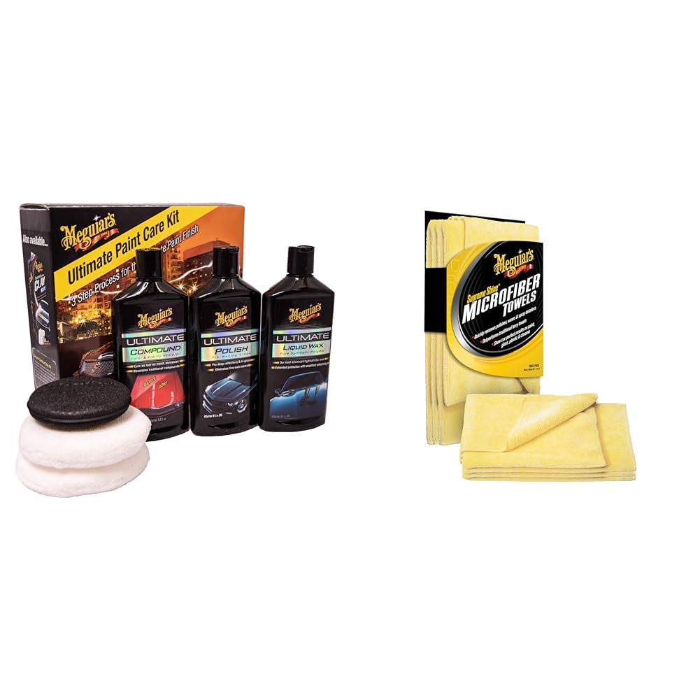 Meguiar's ULTPCKITEU Ultimate Lackpflege-Kit: 3-Schritte-System für ein perfektes Lackfinish. Politurpaste, Autopolitur & Autowachs – Inklusive Supreme Shine Mikrofasertücher zur Autopflege (3er-Pack)