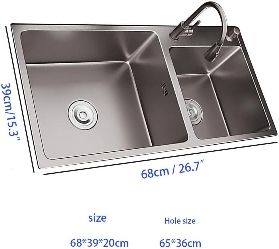 Double Bowl Kitchen Sink with Pull Down Faucet 27-inch Stainless Steel Sink Topmount Handmade Kitchen Sink 2 Holes Workstation Kitchen Sink with Drain Tray Prep Sink Nano Grey-Black Kitchen Sink (Siz