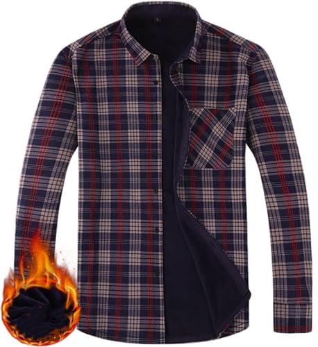 Chemise à Carreaux Doublée Rempourrée Casual Homme Manches Longues Veste avec Poche Marine,L