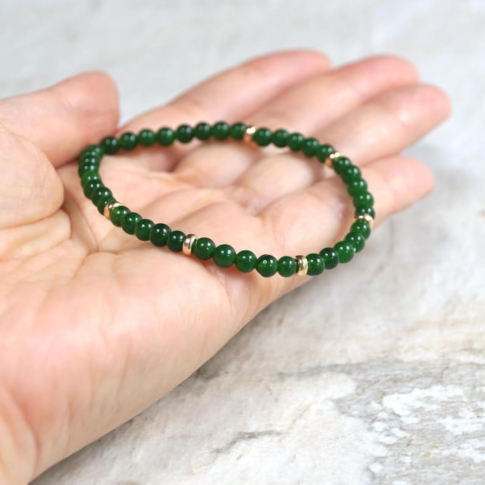 Green Jade Round Beaded Bracelet, Smooth Green Stones, Adjustable Unisex