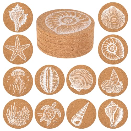 Image of 12 PCS Beach Coastal Coasters for Drinks, Sea Shell Cork Coasters
