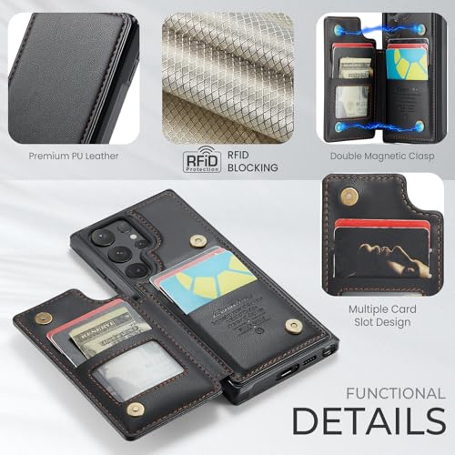 Image of for Samsung Galaxy S25 Ultra Wallet Case with RFID Blocking and 5 Credit Card Holder, Premium Durable Slim Leather Magnetic Clasp Kickstand Heavy Duty Shockproof Protective Cover.- Black