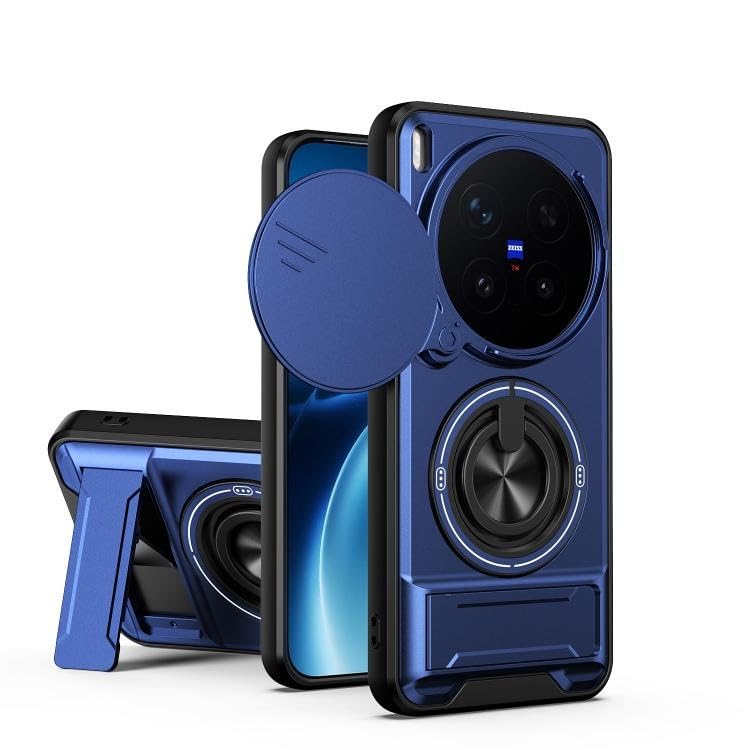 Back Cover for Vivo X300 Pro 5G | Armor Camera Slider 360 Degree Rotating Finger Ring Holder Case with Bracket Stand Back Case Cover (Blue)-image-28