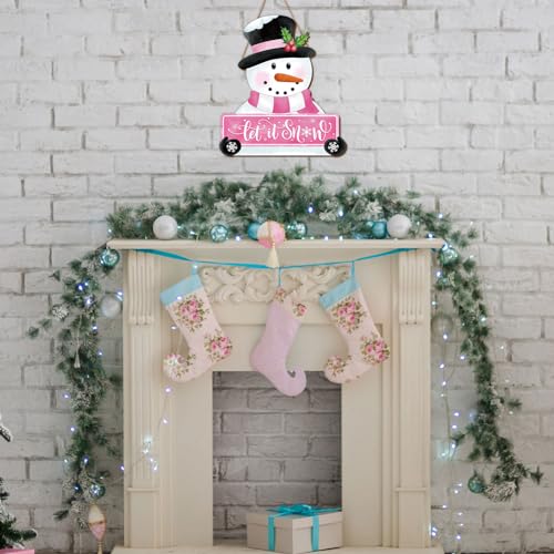 Whaline Christmas Winter Snowman Wooden Hanging Sign Pink Door Hanger Sign Snowman Front Door Decor Xmas Winter Welcome Wreath Sign for Indoor Outdoor Home Farmhouse Wall Window Decor by Whaline - Used condition - Image 7