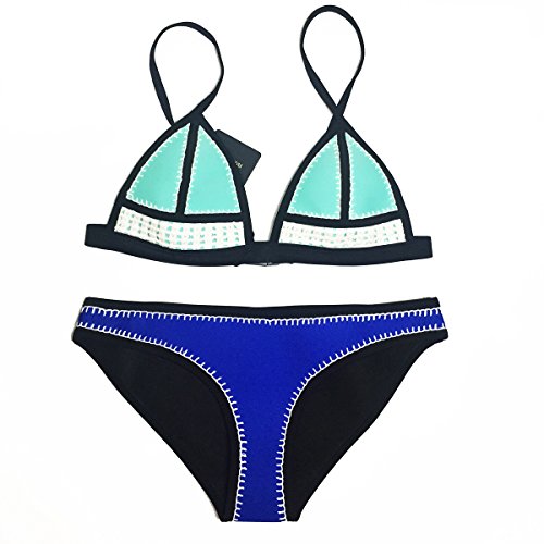Ebuddy   Bikini de neopreno con ganchillo cosido a mano 1 Green+DeepBlue 38 40 (Talla L)
