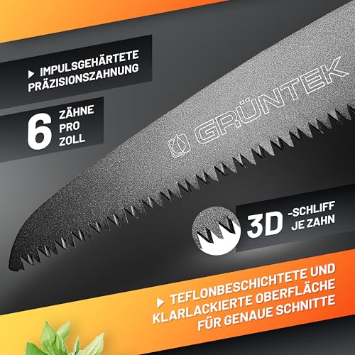 GRÜNTEK Klappsäge ZANDER, gehärtetes Carbonstahl Sägeblatt 180mm, rutschfester Korkgriff, TEFLON-beschichtete Klinge mit 4 Positionen ideale Outdoor Campingsäge Taschensäge Pocketsäge Astsäge