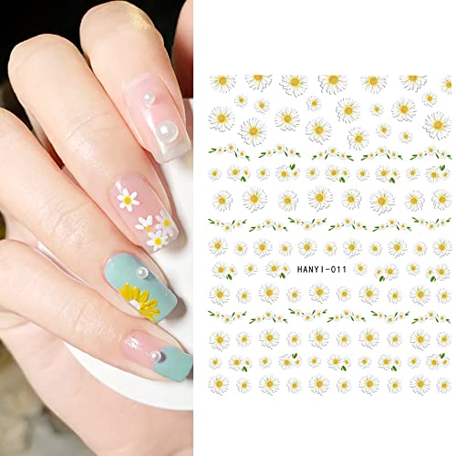 Flower Nail Stickers For Nail Art 3D Daisy Nail Decals Self-Adhesive Summer Daisy Nail Supplies For Women Nail Design White Floral Petals Pattern Nail Accessories For French Nail Decoration 6 Sheets #TOP3