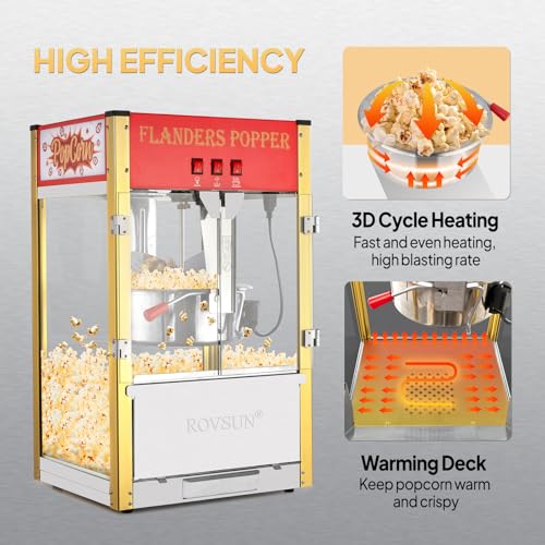 Image of ROVSUN Popcorn Machine with 16 Ounce Kettle ETL Certified, Vintage Popcorn Maker Commercial Popcorn Machine Countertop w /Stainless Steel Scoop, Oil Spoon & 3 Popcorn Cups for Home Movie Theater, Red
