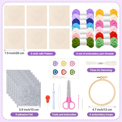 Image of WATINC Heart Punch Needle Coaster Kit - 22Pcs Easy Art Work Decor Craft Supplies Kits for Beginners, DIY Set of 6 Love Pattern Tufted Rug Pads with Adhesive Felt Yarns Embroidery Hoop Instruction Gift