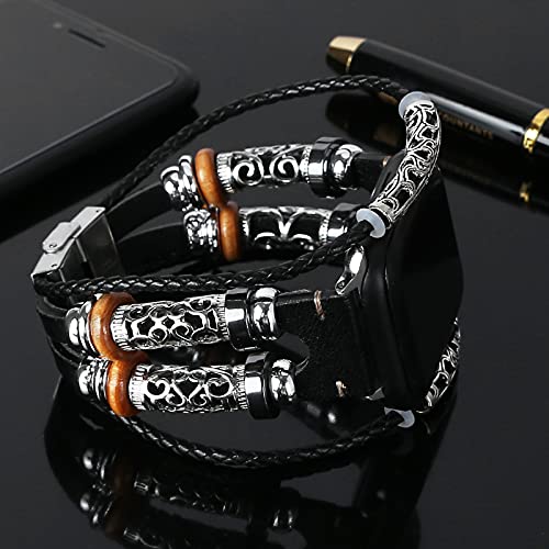 BOVIPO Compatible with Apple Watch Band 44mm 42mm 40mm 38mm, Leather Beaded Bracelets for iwatch Series SE 6 5 4 3 2 1, Jewelry Strap with Stainless Steel Buckle for Women Men