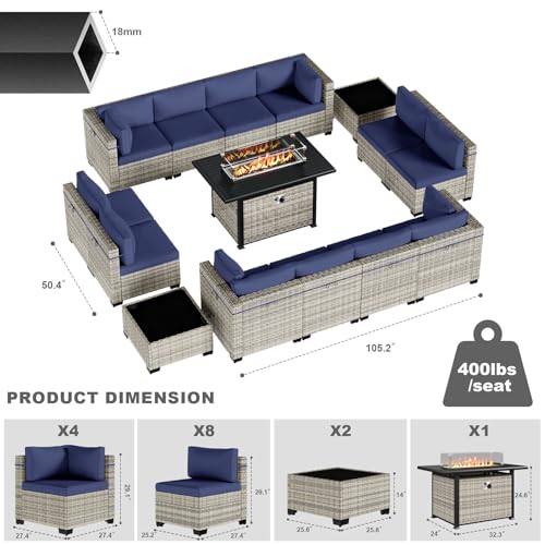 Image of Outdoor PE Wicker Rattan Modular Patio Sectional Sofa Set | 15-Piece: 12 Modular Seats, 2 Coffee Tables & 55,000 BTU Fire Pit Table, Navy Blue