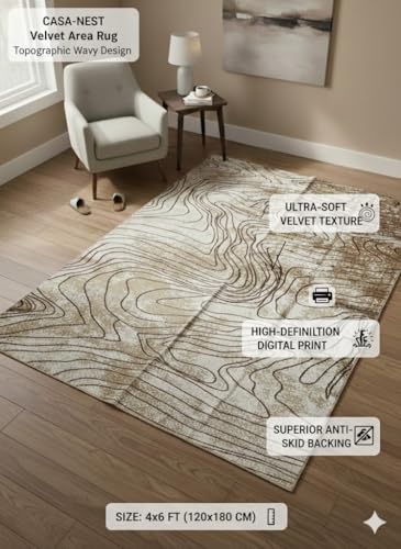 Image of CASA-NEST Soft Velvet Print Carpet (4x6 ft), Anti-Skid Design, Organic Wavy Pattern Area Rug for Modern Interior - Sand Wave Marble