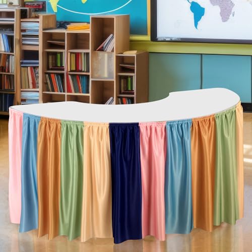 Image of Oudain 14 ft Boho Colorful Table Skirt Cloths for Teacher Desk Classroom Boho Wrinkle Bohemia Table Cover Skirt for Office Kindergarten Classroom Kidney Shaped Desk Back to School Supplies