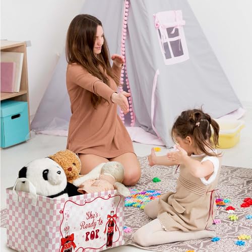Image of Shes Ready To Pop Baby Shower Decorations,Pink Storage Baskets,Ready To Pop Nursery Decor,Large Square Canvas Laundry Hamper With A Waterproof PE Coating,Foldable Kids Toy Clothes Bins for Bedroom